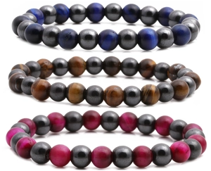 Three-piece hematite and tiger eye bead bracelet set in blue, brown and rose red