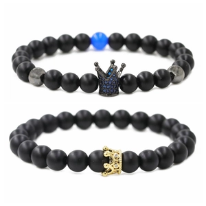 Bracelets couronne en pierre noire mate avec zircone cubique micro-pavée pour couples