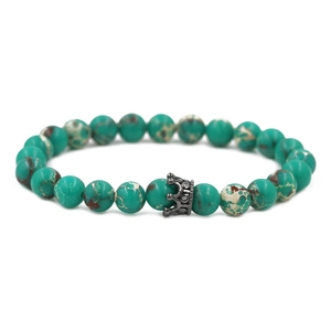 Detail of 8mm imperial stone beads and a gun-black crown charm with white zircon accents