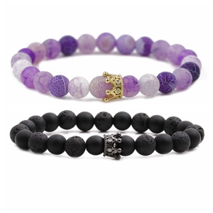 Agate Volcanic Rock Beaded Bracelet Crown Charm Western Retro Punk Natural Stone Elastic Bracelet For Women Men Jewelry