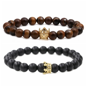 Handmade Crown Zirconia Beaded Bracelet Tiger Eye Volcanic Stone Matte Black Beads Elastic Couple Bracelet Fashion Jewelry