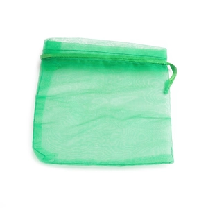 Bolsa de organza verde brillante con cordón para joyas sobre un fondo blanco