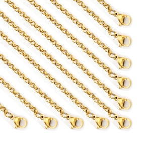 10-piece pack of gold-plated 304 stainless steel round link chains with lobster clasps