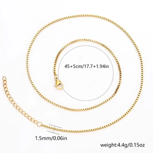 1.5mm golden stainless steel box chain necklace with lobster clasp 45+5cm length