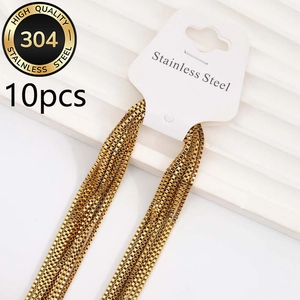Detail of 10 golden 304 stainless steel box chains on a white display card