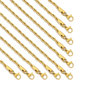 10-piece pack of gold 304 stainless steel rope chain necklaces with secure lobster clasps