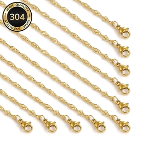 Set of 10 golden 304 stainless steel water wave chain necklaces with lobster clasps