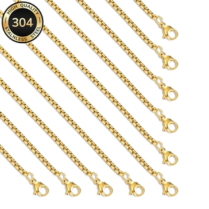 10-piece gold 304 stainless steel box chain necklaces with lobster clasps on white background