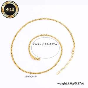 Polished gold stainless steel box chain necklace with lobster clasp and extension