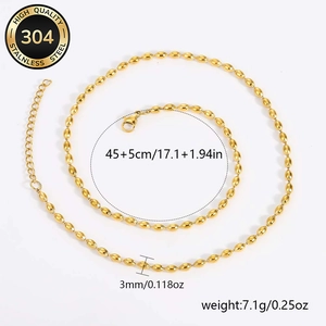 Golden 304 stainless steel bead chain necklace with lobster clasp, 45cm plus 5cm extension
