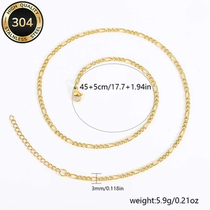 Golden 304 stainless steel Figaro chain necklace with lobster clasp and extension