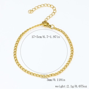Golden Cuban chain bracelet with lobster clasp and extension chain, 3mm width
