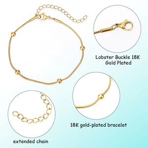 12-piece 18K gold plated snake chain bracelet set with round beads and lobster clasp