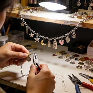 Silver multi-charm bracelet kit featuring stars and moon charms with DIY craft tools