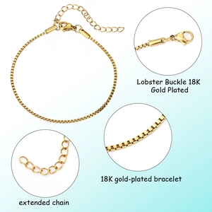 Set of 12 gold plated box chain bracelets with lobster clasps and extension chains