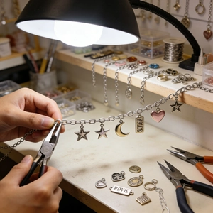 12Pcs silver chain bracelet set with DIY charms like star, moon, and heart for jewelry making