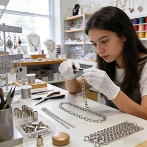 Handmade silver metal chain bracelet crafting process with professional jewelry tools