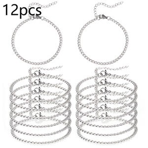 Detailed set of 12 silver Cuban chain bracelets featuring lobster clasps and extenders