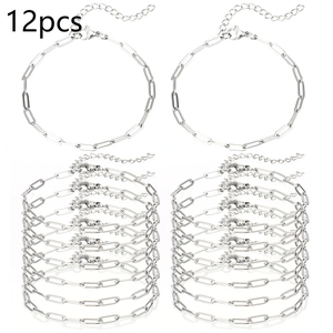 Detail view of 12-piece silver paperclip chain bracelets with adjustable lobster clasp links