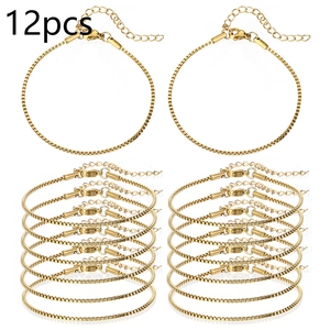 Detail view of 12pcs golden box chain bracelets with lobster clasps and extension chains