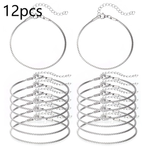 Detail of 12pcs silver box chain bracelets with lobster clasps and extension links
