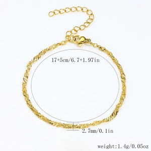 Golden 2.7mm water wave chain bracelet with lobster clasp and extension chain