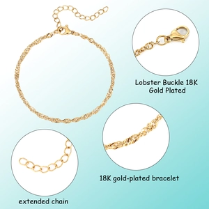 18K gold plated water wave chain bracelet set with lobster clasp and extension chain