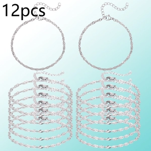 Detailed set of 12 silver-tone water wave chain bracelets with lobster clasps for DIY jewelry