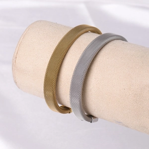 Bracelet Jonc Minimaliste en Acier Inoxydable Maille Tissée Pour Hommes Femmes Fermoir Magnétique Plaqué Or Argent Bijoux de Mode Cadeau