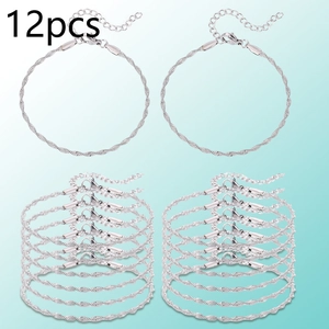 Set of 12 silver twisted chain bracelets with lobster clasps and extension links for DIY craft