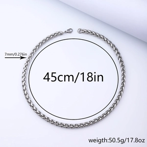 Mens silver stainless steel 7mm wheat chain necklace with lobster clasp and measurements