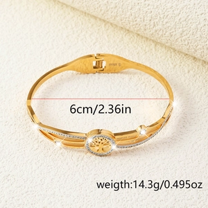 Golden stainless steel Tree of Life open bangle with sparkling crystals and engraving