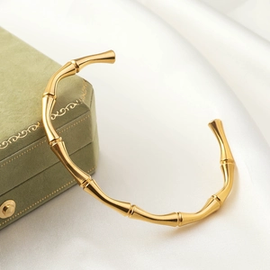 Fashion Stainless Steel Bamboo Joint Open Bangle For Women Minimalist Gold Plated Unique Design Jewelry Bracelet Gift