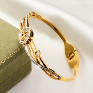 Elegant Fashion Gold Plated Stainless Steel Tree Of Life Hollow Out Bangle Bracelet With Rhinestone Inlaid Women Jewelry Gift