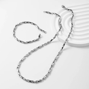 Polished silver Mobius twist chain necklace and bracelet set in stainless steel for men and women