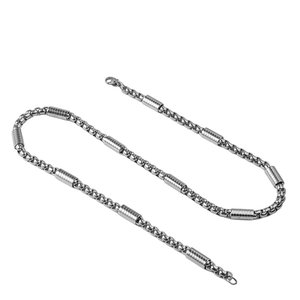 Men's hip-hop box chain necklace in silver stainless steel with cylindrical beads and lobster clasp