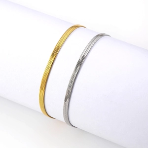 Sleek flat snake chain bracelets in gold and silver finish, minimalist stainless steel