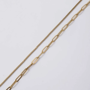 Detail view of gold-plated box chain and paperclip chain with shiny metallic texture