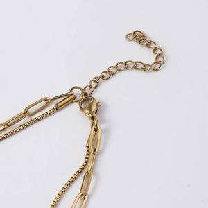 Golden double layer stainless steel paperclip and box chain necklace with lobster clasp