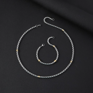 Minimalist 5mm stainless steel box chain necklace and bracelet set with gold beads