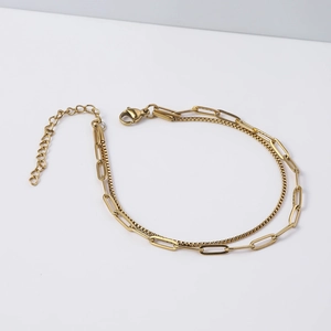 Stainless Steel Double Layered Bracelet For Women Gold Plated Paperclip And Box Chain Link Bracelet Geometric Fashion Jewelry Gift