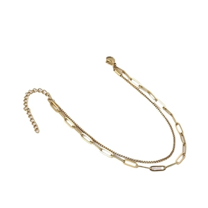 Minimalist double-layer gold paperclip and box chain bracelet with lobster clasp