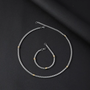 Ensemble collier et bracelet minimaliste 5mm en acier inoxydable avec des perles dorées