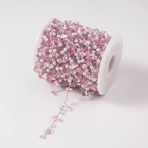 Pink gemstone and white pearl beaded stainless steel chain roll for DIY jewelry making