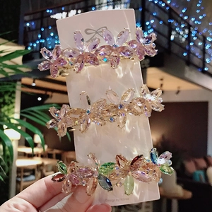 Set di tre fermagli per capelli con fiori di cristallo coreani in viola e champagne