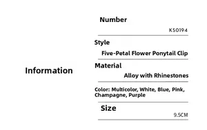 Specifications for flower hair claw clip showing size 9.5cm and alloy rhinestone material