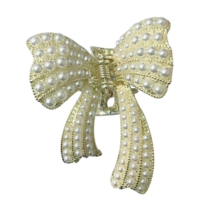 Elegante pinza per capelli in metallo dorato con fiocco e perle sintetiche per donna