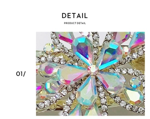 Close-up of alloy base with colorful AB crystal rhinestones in a floral hair clip design