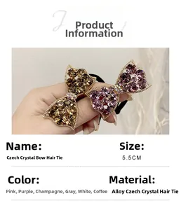 Detailed view of handmade bow hair tie with Czech crystals and dimensions listed