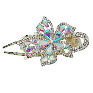 Sparkling crystal flower hair claw clip with colorful rhinestones on silver base
